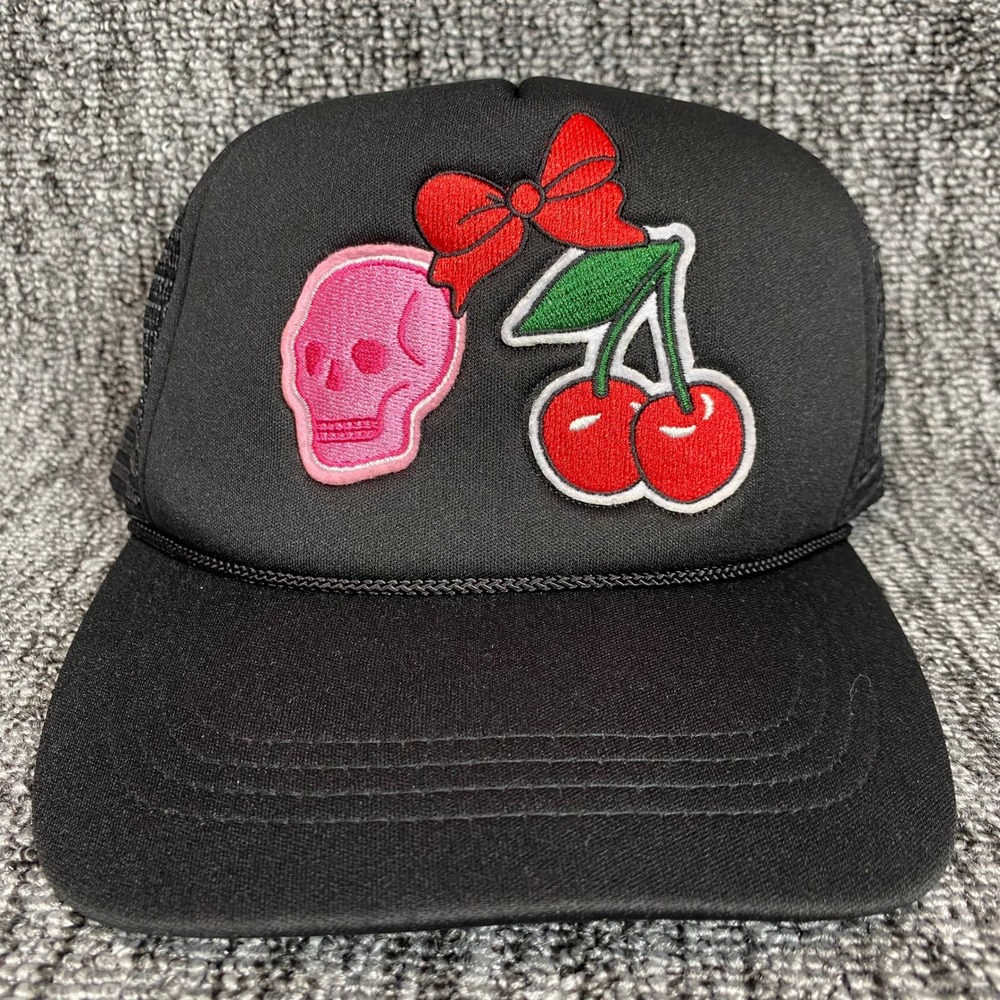 David and Young Trucker Hat Womens OS Black Pink‎ Skull Cherry Bow Mesh Snapback